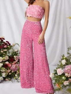 Online Women's Wide Leg Chinos Baggy Pants Fashion Streetwear Full Length High Waist Plain Sequins Comfy Soft Comfortable Micro-elastic Outdoor Party Street Black Pink Red Summer Spring Regular Fit Women Pants