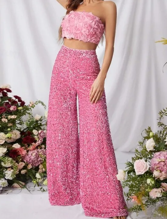 Online Women's Wide Leg Chinos Baggy Pants Fashion Streetwear Full Length High Waist Plain Sequins Comfy Soft Comfortable Micro-elastic Outdoor Party Street Black Pink Red Summer Spring Regular Fit Women Pants