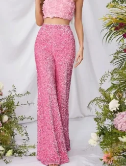Online Women's Wide Leg Chinos Baggy Pants Fashion Streetwear Full Length High Waist Plain Sequins Comfy Soft Comfortable Micro-elastic Outdoor Party Street Black Pink Red Summer Spring Regular Fit Women Pants