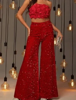 Online Women's Wide Leg Chinos Baggy Pants Fashion Streetwear Full Length High Waist Plain Sequins Comfy Soft Comfortable Micro-elastic Outdoor Party Street Black Pink Red Summer Spring Regular Fit Women Pants