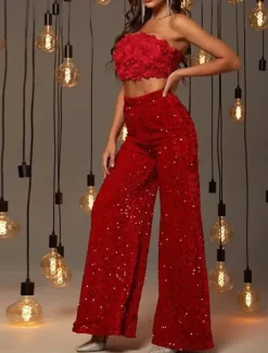 Online Women's Wide Leg Chinos Baggy Pants Fashion Streetwear Full Length High Waist Plain Sequins Comfy Soft Comfortable Micro-elastic Outdoor Party Street Black Pink Red Summer Spring Regular Fit Women Pants