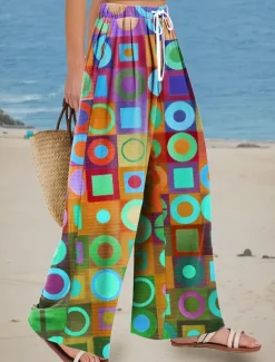 Discount Women's Wide Leg Chinos Baggy Pants Vacation Vintage Fashion Full Length High Waist Floral Graphic Abstract Printing Soft Breathable Micro-elastic Formal Outdoor Vacation Blue Orange Summer Spring Women Pants