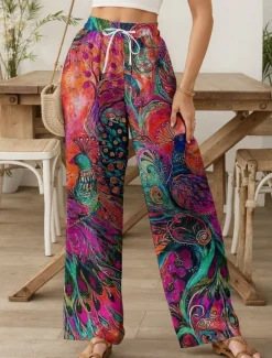 Best Women's Wide Leg Chinos Baggy Pants Vacation Vintage Fashion Full Length High Waist Floral Graphic Peacock Printing Soft Breathable Micro-elastic Formal Outdoor Vacation Robin's Egg Blue Ruby Red Women Pants
