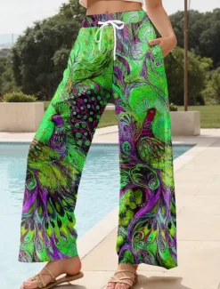Best Women's Wide Leg Chinos Baggy Pants Vacation Vintage Fashion Full Length High Waist Floral Graphic Peacock Printing Soft Breathable Micro-elastic Formal Outdoor Vacation Robin's Egg Blue Ruby Red Women Pants