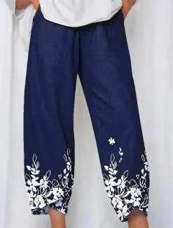 New Women's Wide Leg Chinos Baggy Pants Vacation Vintage Basic Ankle-Length High Waist Floral Graphic Printing Thermal Warm Soft Breathable Micro-elastic Vacation Street Causal Black Blue Summer Spring Women Pants