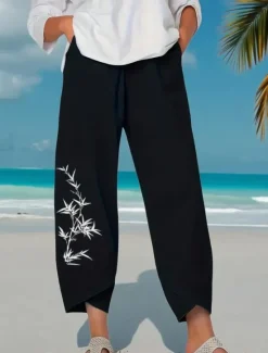 New Women's Wide Leg Chinos Baggy Pants Vacation Vintage Basic Ankle-Length High Waist Floral Graphic Printing Thermal Warm Soft Breathable Micro-elastic Vacation Street Causal Black Blue Summer Spring Women Pants