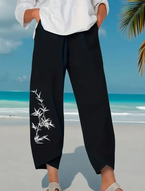 New Women's Wide Leg Chinos Baggy Pants Vacation Vintage Basic Ankle-Length High Waist Floral Graphic Printing Thermal Warm Soft Breathable Micro-elastic Vacation Street Causal Black Blue Summer Spring Women Pants