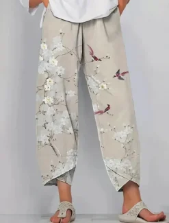 Outlet Women's Wide Leg Chinos Baggy Pants Vacation Basic Casual Ankle-Length High Waist Floral Graphic Bird Printing Thermal Warm Soft Breathable Micro-elastic Vacation Street Causal Black White Blue Green Women Pants