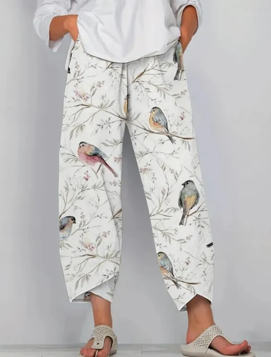 Outlet Women's Wide Leg Chinos Baggy Pants Vacation Basic Casual Ankle-Length High Waist Floral Graphic Bird Printing Thermal Warm Soft Breathable Micro-elastic Vacation Street Causal Black White Blue Green Women Pants