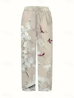 Outlet Women's Wide Leg Chinos Baggy Pants Vacation Basic Casual Ankle-Length High Waist Floral Graphic Bird Printing Thermal Warm Soft Breathable Micro-elastic Vacation Street Causal Black White Blue Green Women Pants