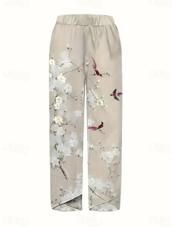 Outlet Women's Wide Leg Chinos Baggy Pants Vacation Basic Casual Ankle-Length High Waist Floral Graphic Bird Printing Thermal Warm Soft Breathable Micro-elastic Vacation Street Causal Black White Blue Green Women Pants