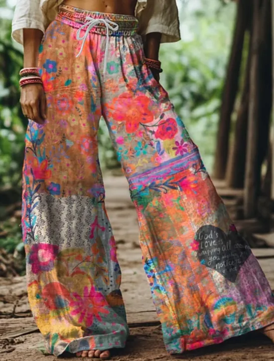 Discount Women's Wide Leg Chinos Baggy Pants Vacation Vintage Ethnic Style Full Length High Waist Floral Graphic Printing Thermal Warm Soft Breathable Micro-elastic Vacation Street Causal claret Deep Green Women Pants