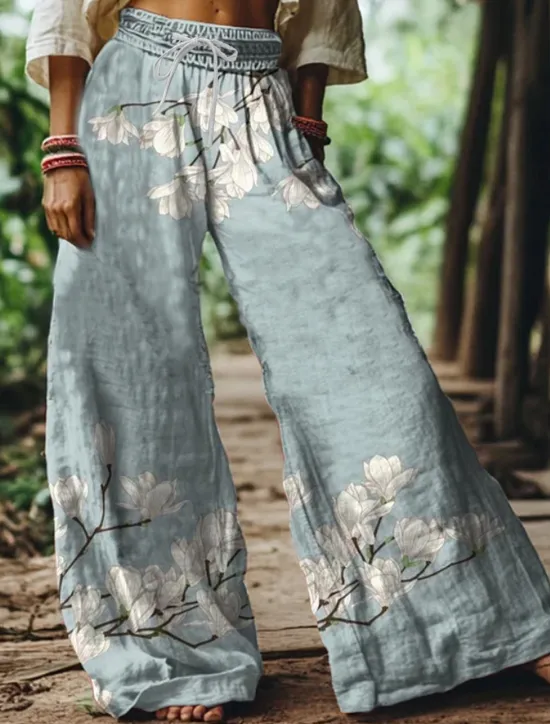 Discount Women's Wide Leg Chinos Baggy Pants Vacation Vintage Ethnic Style Full Length High Waist Floral Graphic Printing Thermal Warm Soft Breathable Micro-elastic Vacation Street Causal claret Deep Green Women Pants