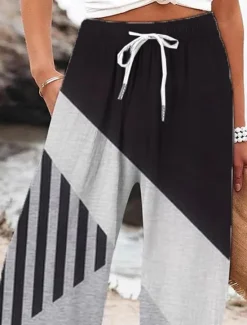 Women's Wide Leg Chinos Baggy Pants Vacation Vintage Fashion Full Length High Waist Graphic Geometric Abstract Drawstring Printing Soft Breathable Micro-elastic Vacation Causal Casual Women Pants