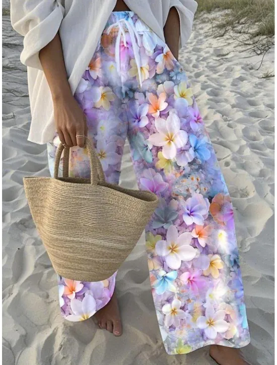 Hot Women's Wide Leg Chinos Baggy Pants Vacation Fashion Hawaiian Full Length High Waist Floral Graphic Drawstring Printing Soft Breathable Micro-elastic Vacation Street Causal Sky Blue And White White Women Pants