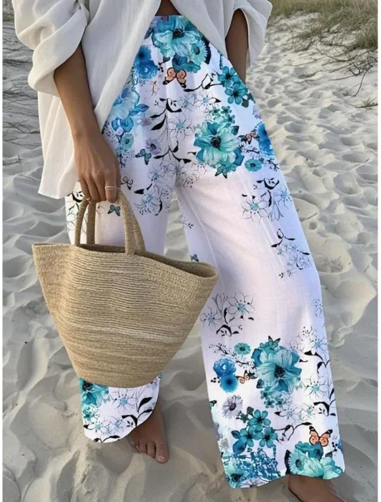 Hot Women's Wide Leg Chinos Baggy Pants Vacation Fashion Hawaiian Full Length High Waist Floral Graphic Drawstring Printing Soft Breathable Micro-elastic Vacation Street Causal Sky Blue And White White Women Pants