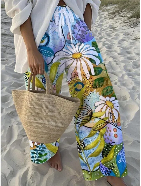 Hot Women's Wide Leg Chinos Baggy Pants Vacation Fashion Hawaiian Full Length High Waist Floral Graphic Drawstring Printing Soft Breathable Micro-elastic Vacation Street Causal Sky Blue And White White Women Pants
