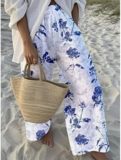 Hot Women's Wide Leg Chinos Baggy Pants Vacation Fashion Hawaiian Full Length High Waist Floral Graphic Drawstring Printing Soft Breathable Micro-elastic Vacation Street Causal Sky Blue And White White Women Pants