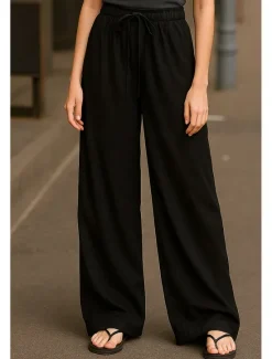 Best Women's Wide Leg Chinos Basic Casual Full Length High Waist Plain Pocket Elastic Waistband Comfy Soft Comfortable Stretchy Outdoor Street Black Pink Navy Blue Coffee Summer Spring Regular Fit Women Pants