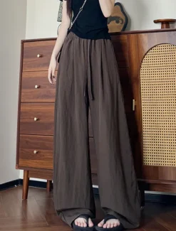 Best Women's Wide Leg Chinos Basic Casual Full Length High Waist Plain Pocket Elastic Waistband Comfy Soft Comfortable Stretchy Outdoor Street Black Pink Navy Blue Coffee Summer Spring Regular Fit Women Pants