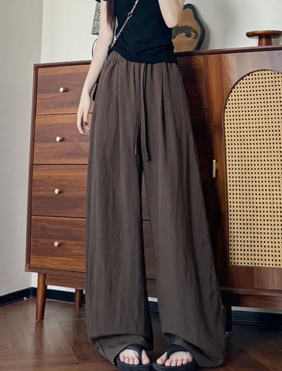 Best Women's Wide Leg Chinos Basic Casual Full Length High Waist Plain Pocket Elastic Waistband Comfy Soft Comfortable Stretchy Outdoor Street Black Pink Navy Blue Coffee Summer Spring Regular Fit Women Pants