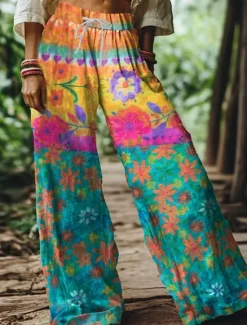Best Women's Wide Leg Chinos Baggy Pants Vacation Vintage Fashion Full Length High Waist Floral Graphic Printing Soft Breathable Micro-elastic Formal Vacation Street Pink Blue Green Summer Spring Loose Fit Women Pants