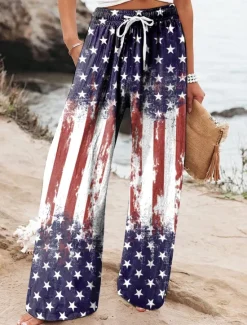 Women's Wide Leg Chinos Baggy Pants Vacation Vintage Fashion Full Length High WaistPantsAmerican Independence Day Graphic Flag American Flag Printing Micro-elastic Formal Vacation Street Women Independence Day Bottoms