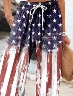 Women's Wide Leg Chinos Baggy Pants Vacation Vintage Fashion Full Length High WaistPantsAmerican Independence Day Graphic Flag American Flag Printing Micro-elastic Formal Vacation Street Women Independence Day Bottoms