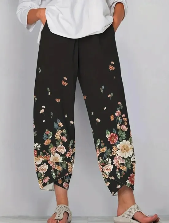 Online Women's Wide Leg Chinos Baggy Pants Vacation Vintage Ethnic Style Full Length High Waist Floral Graphic Printing Thermal Warm Soft Breathable Micro-elastic Vacation Street Causal Dark-Gray Robin's Women Pants