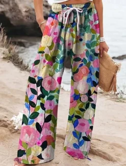 Outlet Women's Wide Leg Chinos Baggy Pants Vacation Fashion Hawaiian Full Length High Waist Floral Graphic Drawstring Printing Soft Breathable Micro-elastic Vacation Street Causal Violet off-white Deep Blue Women Pants