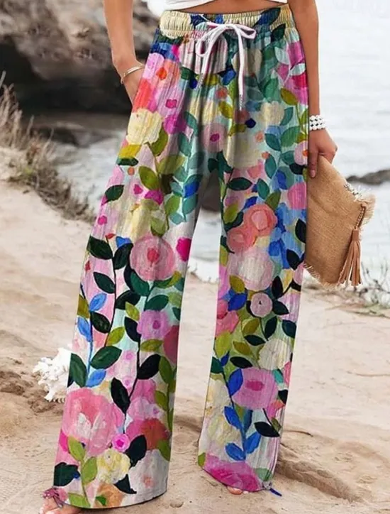 Outlet Women's Wide Leg Chinos Baggy Pants Vacation Fashion Hawaiian Full Length High Waist Floral Graphic Drawstring Printing Soft Breathable Micro-elastic Vacation Street Causal Violet off-white Deep Blue Women Pants