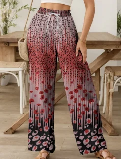 Women's Wide Leg Chinos Baggy Pants Vacation Vintage Fashion Full Length High Waist Graphic Leopard Geometric Printing Thermal Warm Soft Breathable Micro-elastic Vacation Street Causal Dark red Women Pants