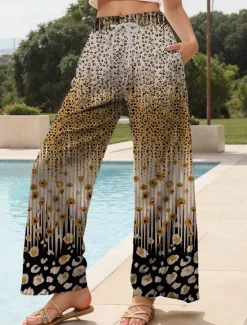 Women's Wide Leg Chinos Baggy Pants Vacation Vintage Fashion Full Length High Waist Graphic Leopard Geometric Printing Thermal Warm Soft Breathable Micro-elastic Vacation Street Causal Dark red Women Pants