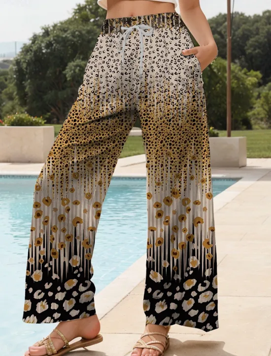 Women's Wide Leg Chinos Baggy Pants Vacation Vintage Fashion Full Length High Waist Graphic Leopard Geometric Printing Thermal Warm Soft Breathable Micro-elastic Vacation Street Causal Dark red Women Pants