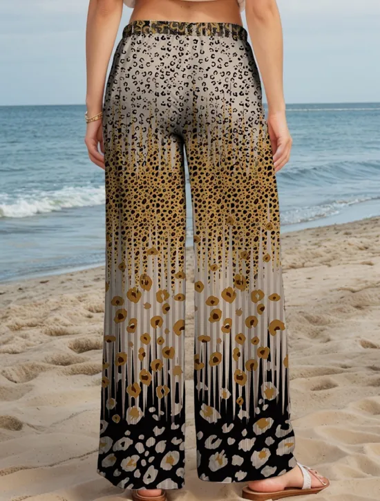Women's Wide Leg Chinos Baggy Pants Vacation Vintage Fashion Full Length High Waist Graphic Leopard Geometric Printing Thermal Warm Soft Breathable Micro-elastic Vacation Street Causal Dark red Women Pants