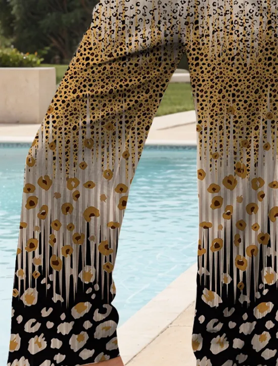 Women's Wide Leg Chinos Baggy Pants Vacation Vintage Fashion Full Length High Waist Graphic Leopard Geometric Printing Thermal Warm Soft Breathable Micro-elastic Vacation Street Causal Dark red Women Pants