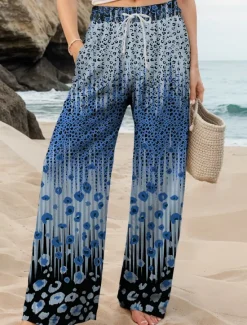 Women's Wide Leg Chinos Baggy Pants Vacation Vintage Fashion Full Length High Waist Graphic Leopard Geometric Printing Thermal Warm Soft Breathable Micro-elastic Vacation Street Causal Dark red Women Pants