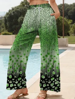 Women's Wide Leg Chinos Baggy Pants Vacation Vintage Fashion Full Length High Waist Graphic Leopard Geometric Printing Thermal Warm Soft Breathable Micro-elastic Vacation Street Causal Dark red Women Pants