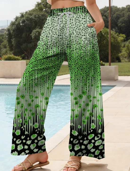 Women's Wide Leg Chinos Baggy Pants Vacation Vintage Fashion Full Length High Waist Graphic Leopard Geometric Printing Thermal Warm Soft Breathable Micro-elastic Vacation Street Causal Dark red Women Pants