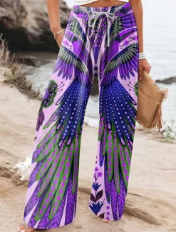 Women's Wide Leg Chinos Baggy Pants Vacation Vintage Fashion Full Length High Waist Floral Graphic Abstract Printing Soft Breathable Micro-elastic Formal Vacation Street Yellow Blue Purple Summer Women Pants