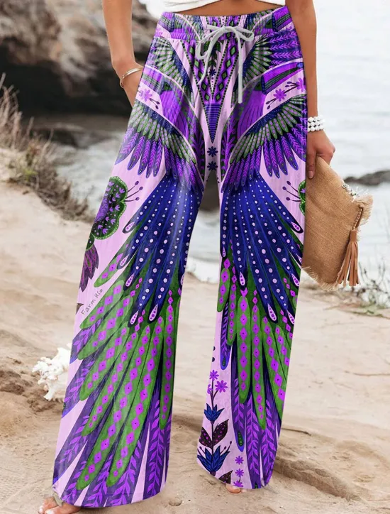 Women's Wide Leg Chinos Baggy Pants Vacation Vintage Fashion Full Length High Waist Floral Graphic Abstract Printing Soft Breathable Micro-elastic Formal Vacation Street Yellow Blue Purple Summer Women Pants
