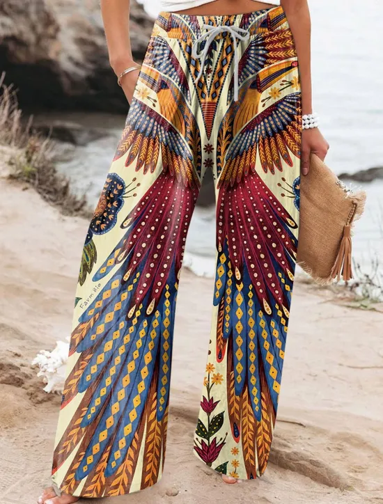 Women's Wide Leg Chinos Baggy Pants Vacation Vintage Fashion Full Length High Waist Floral Graphic Abstract Printing Soft Breathable Micro-elastic Formal Vacation Street Yellow Blue Purple Summer Women Pants