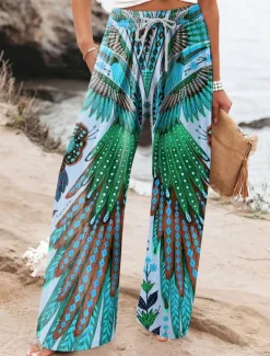Women's Wide Leg Chinos Baggy Pants Vacation Vintage Fashion Full Length High Waist Floral Graphic Abstract Printing Soft Breathable Micro-elastic Formal Vacation Street Yellow Blue Purple Summer Women Pants