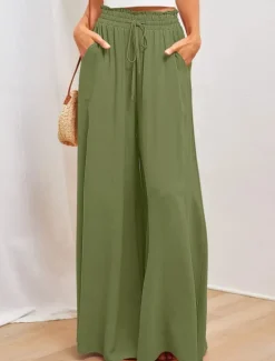 Outlet Women's Wide Leg Chinos Baggy Pants Basic Casual Full Length High Waist Plain Pocket Elastic Waistband Comfy Soft Comfortable Micro-elastic Outdoor Street Blue Orange Green Khaki Summer Spring Women Pants