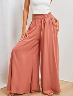 Outlet Women's Wide Leg Chinos Baggy Pants Basic Casual Full Length High Waist Plain Pocket Elastic Waistband Comfy Soft Comfortable Micro-elastic Outdoor Street Blue Orange Green Khaki Summer Spring Women Pants