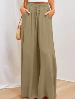 Outlet Women's Wide Leg Chinos Baggy Pants Basic Casual Full Length High Waist Plain Pocket Elastic Waistband Comfy Soft Comfortable Micro-elastic Outdoor Street Blue Orange Green Khaki Summer Spring Women Pants