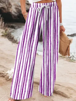 Online Women's Wide Leg Chinos Beach Shorts Vacation Fashion Casual Full Length High Waist Graphic Geometric Drawstring Printing Soft Breathable Micro-elastic Vacation Casual Daily Violet Robin's Egg Blue Women Pants