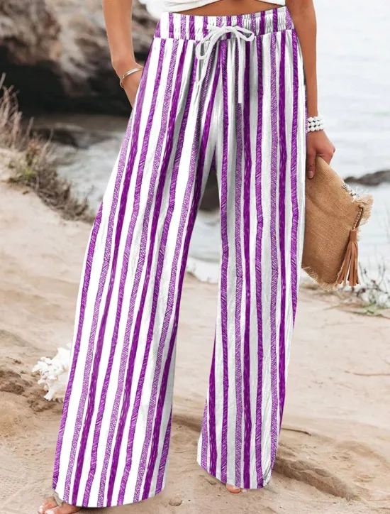 Online Women's Wide Leg Chinos Beach Shorts Vacation Fashion Casual Full Length High Waist Graphic Geometric Drawstring Printing Soft Breathable Micro-elastic Vacation Casual Daily Violet Robin's Egg Blue Women Pants