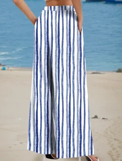 Online Women's Wide Leg Chinos Beach Shorts Vacation Fashion Casual Full Length High Waist Graphic Geometric Drawstring Printing Soft Breathable Micro-elastic Vacation Casual Daily Violet Robin's Egg Blue Women Pants