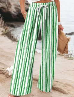Online Women's Wide Leg Chinos Beach Shorts Vacation Fashion Casual Full Length High Waist Graphic Geometric Drawstring Printing Soft Breathable Micro-elastic Vacation Casual Daily Violet Robin's Egg Blue Women Pants